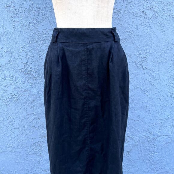 Vintage Black Linen Pencil SKirt Minimalist Midi in Medium Size S 27 waist - Picture 1 of 9